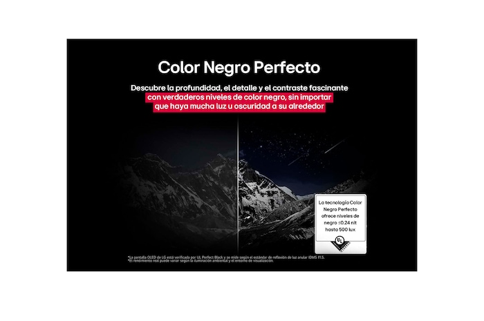 Living room space with a wall-mounted LG OLED TV. On the TV is a mountain range against a dark evening sky filled with stars. This scene is split in half to show how Perfect Black delivers true black levels whether it's bright or dark around you. One side of the scene shows a duller, grayer version of the landscape labeled, Non Perfect Black display. On the other side is a more pleasing picture with a larger dynamic range of blacks and whites. This is labeled, Perfect Black display. Logo certification is also visible, Perfect Black Technology delivers black levels less than or equal to 0.24 nit up to 500 lux. A text bubble is by its side it says, check the Perfect Black certification mark.